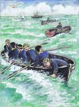 Four oars pulled shoreward, while Billy Bunter leaned over the gunwale. Image.
