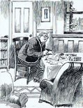 He sat at the table in No. 7, pen in hand. Image.